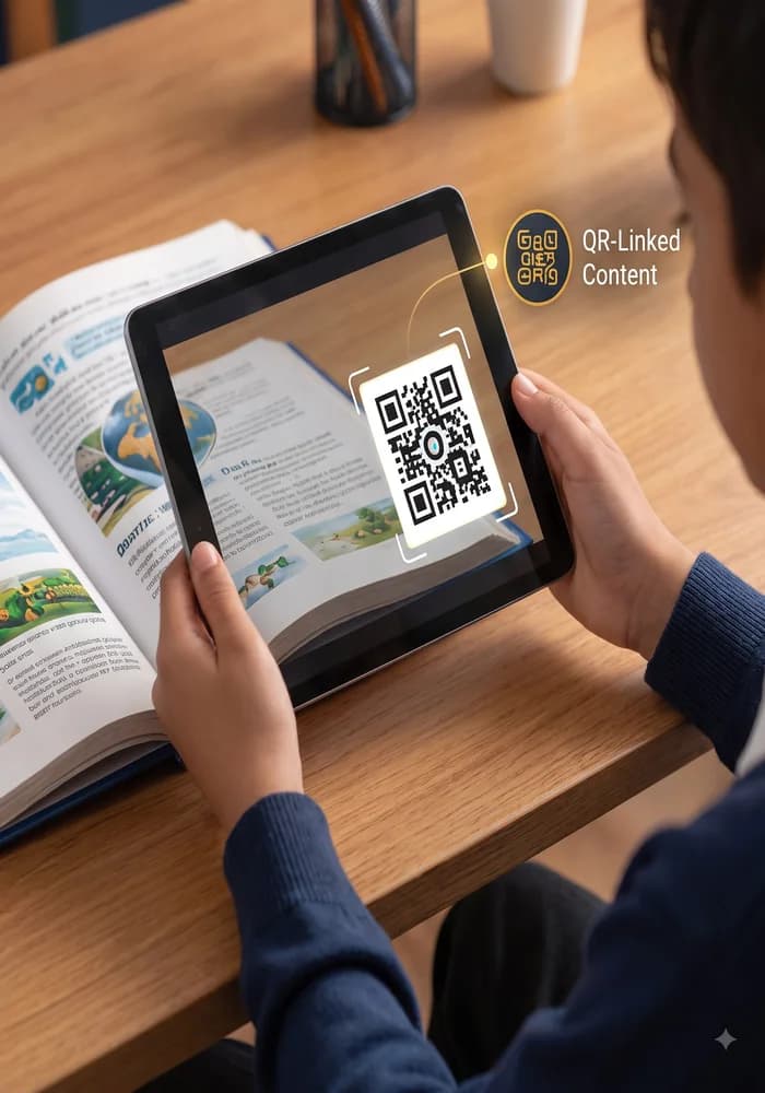 A learner scanning a QR code in a printed textbook with a tablet