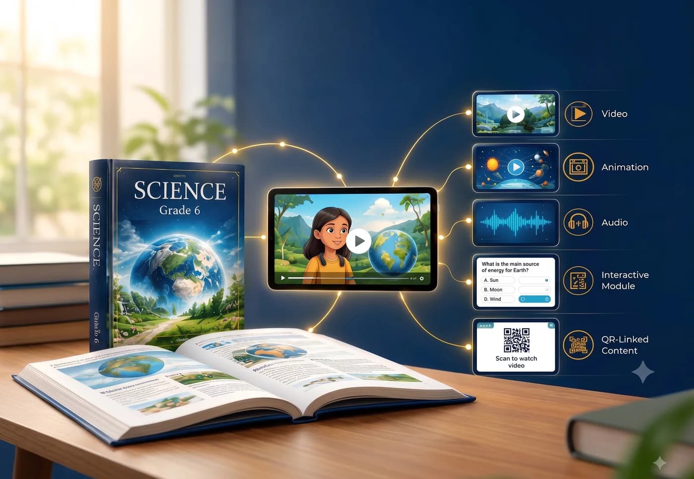 A printed Science Grade 6 textbook transforming into an animated video on a tablet, branching into Video, Animation, Audio, Interactive Module and QR-Linked Content formats